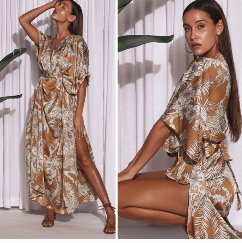 LULUS TAKE A HOLIDAY TAN TROPICAL PRINT MAXI DRESS SZE SMALL - Picture 2 of 8